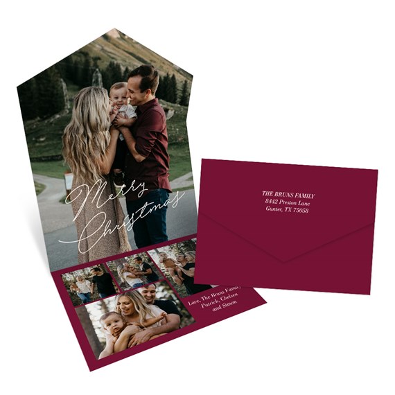 Christmas card with photo collage and maroon envelope