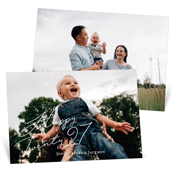 New Year card with photo placeholder and scripted text