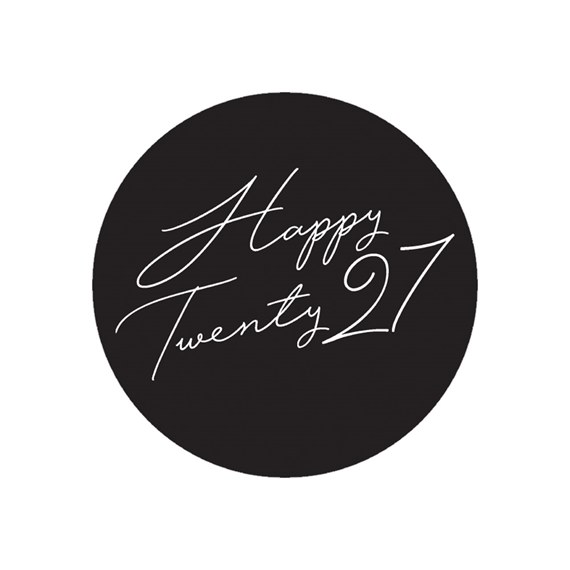 black circular seal with white scripted text