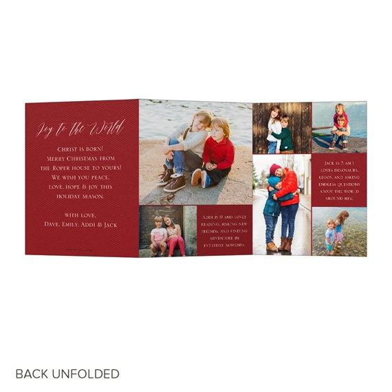 tri-fold christmas card with photo placeholders and printed text