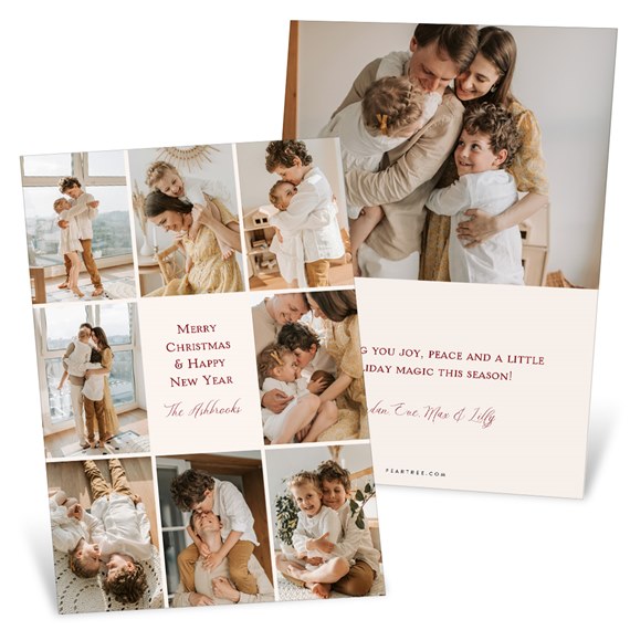 Folded holiday photo card with nine family photos and printed Merry Christmas & Happy New Year greeting on cream background.
