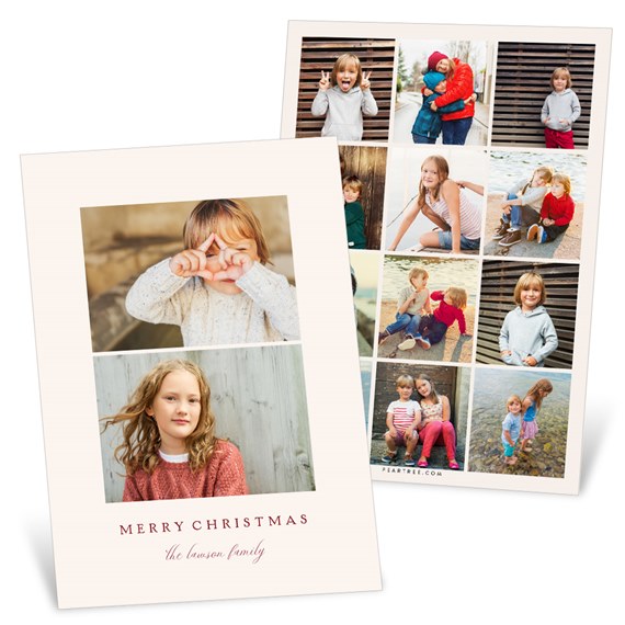 two-sided photo Christmas card with cream background, two-photo front layout, back photo collage and red 'Merry Christmas' greeting
