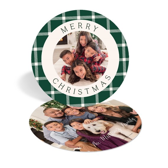 circular photo placeholder with plaid border and text