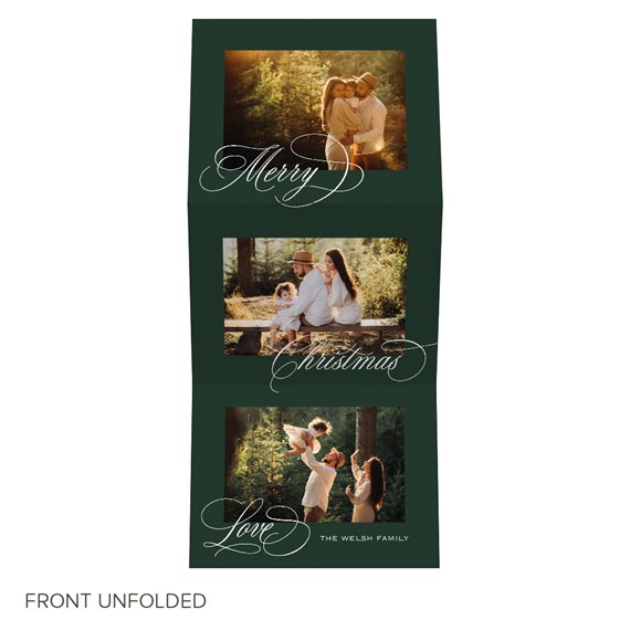 Dark green tri-fold holiday photo card with three family photos and white calligraphy script accents.