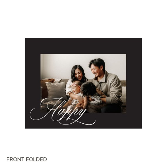 Folded photo greeting card with black frame, family portrait and white calligraphy 'Happy' on the front