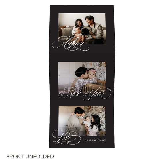 Tri-fold black New Year photo card with three family photos and white calligraphy text