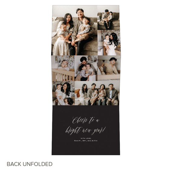 Vertical New Year photo card with multiple family portraits and a dark bottom panel featuring white calligraphy greeting.