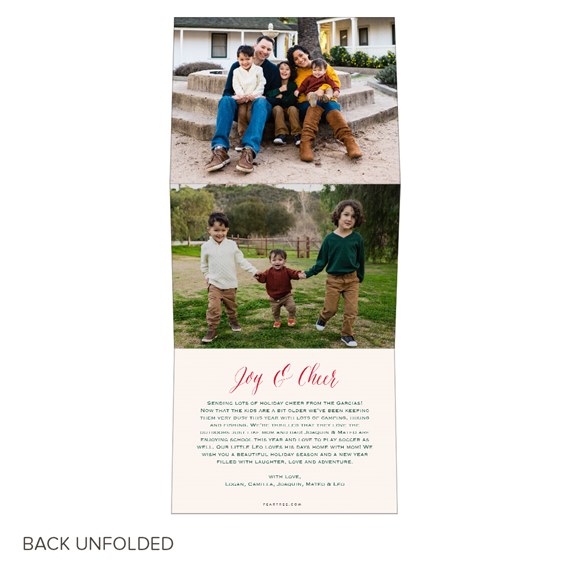 vertical holiday photo card with two family photos and a beige message panel reading Joy & Cheer in red script
