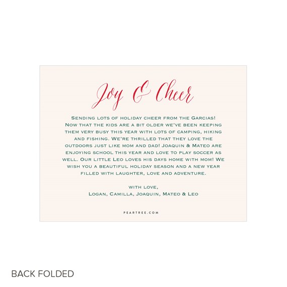 Back of folded holiday card with red 