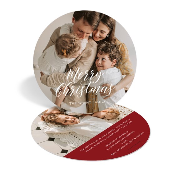 circular christmas card with photo area and text