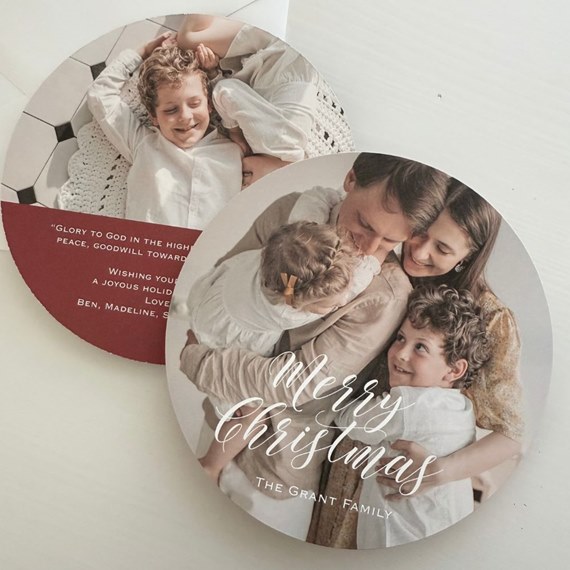 circular christmas card with photo placeholder and text area
