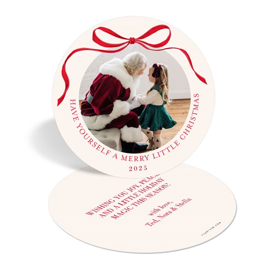 circular christmas card with photo placeholder and red bow