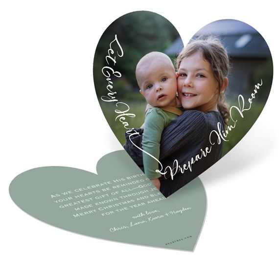 heart-shaped card with photo area and festive text