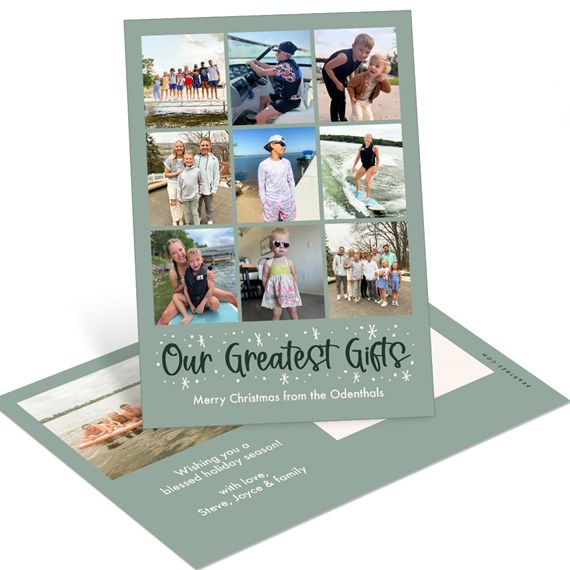 Folded Christmas photo collage postcard with nine family photos on a sage green background and the headline 'Our Greatest Gifts'.