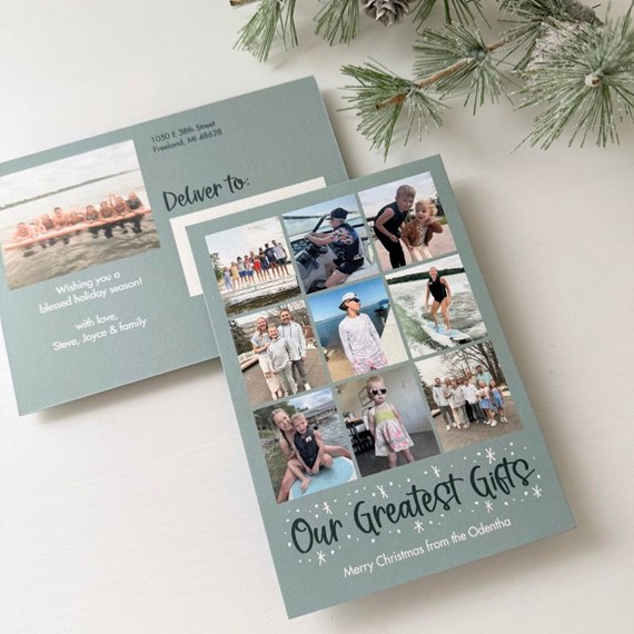 Holiday photo postcard with nine-image family collage on teal background and address panel