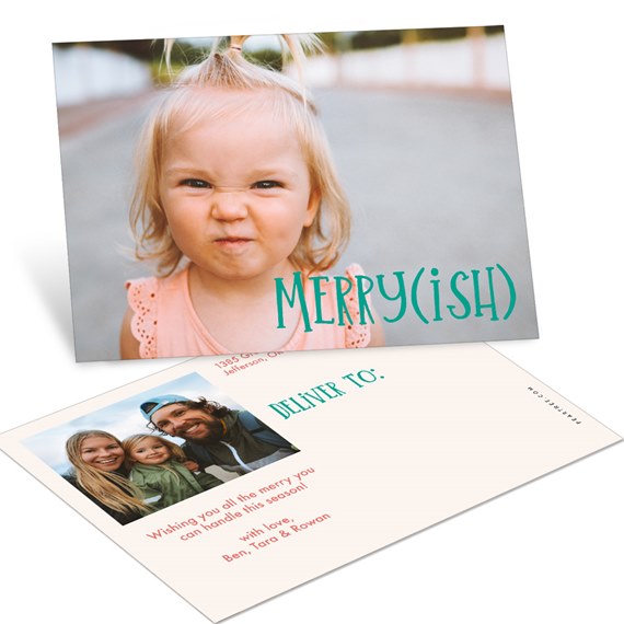 Holiday postcard with toddler photo and teal 