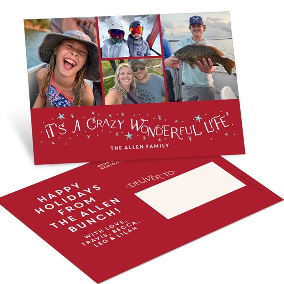 holiday photo postcard with four-photo collage, red lower panel with white handwritten-style text and teal star accents, shown with matching red envelope and address window