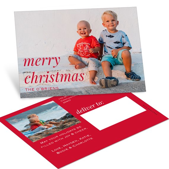 Christmas postcard with photo of two children, red 