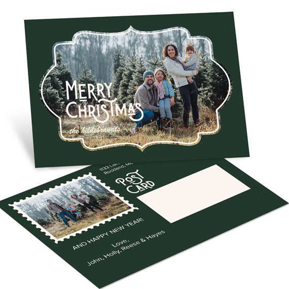 Vintage Christmas postcard with family photo framed by an ornate white border on a dark green background; postcard back shows stamp box and message area.