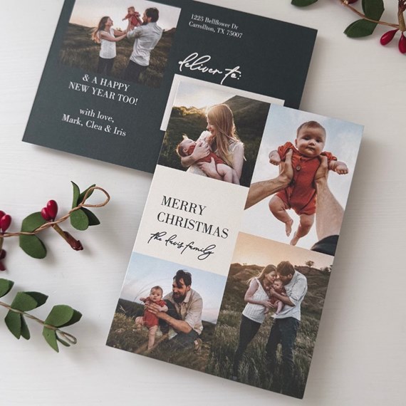 photo collage Christmas postcard with family photos and infant on cream panel and dark navy back
