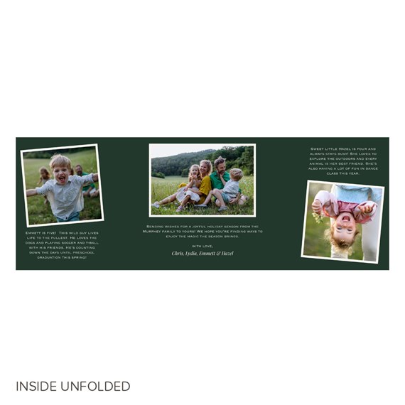 three photo placeholders with white frames, dark green background, holiday message