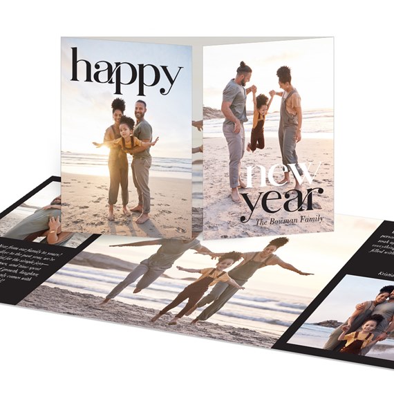 new year card with photo placeholders and text area