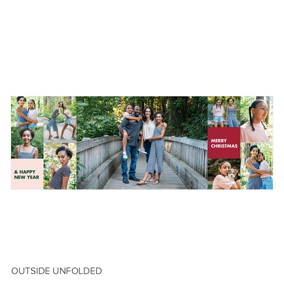 color-blocked Christmas card with photo placeholders and text areas