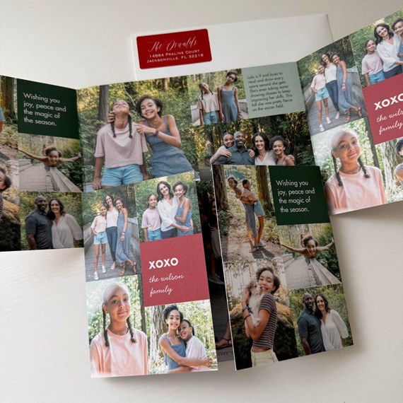 color-blocked Christmas card with photo areas and text