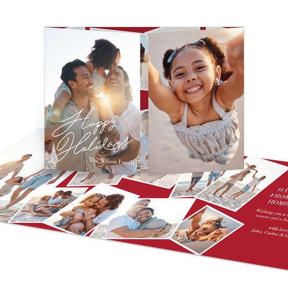 holiday card with photo placeholders and festive text