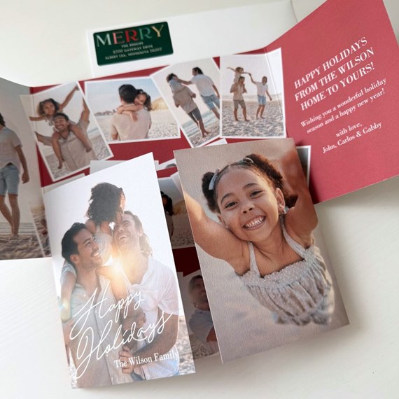 holiday card with photo placeholders and festive text