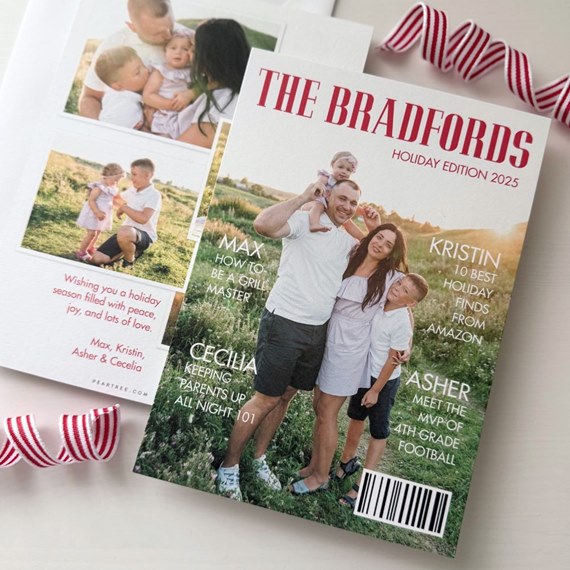 magazine cover with family photo placeholder and text