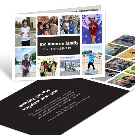 Folded greeting card with a grid of family photos, a central dark title panel and printed interior message