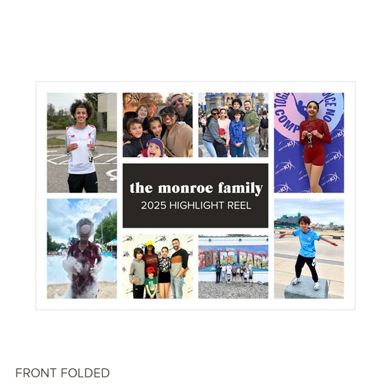 Folded photo collage greeting card with nine family photos and a central dark title panel