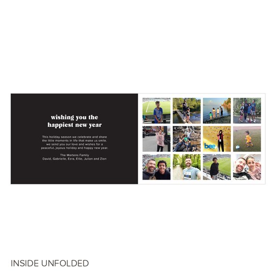 Inside New Year photo card with dark message panel and a 12-photo collage grid