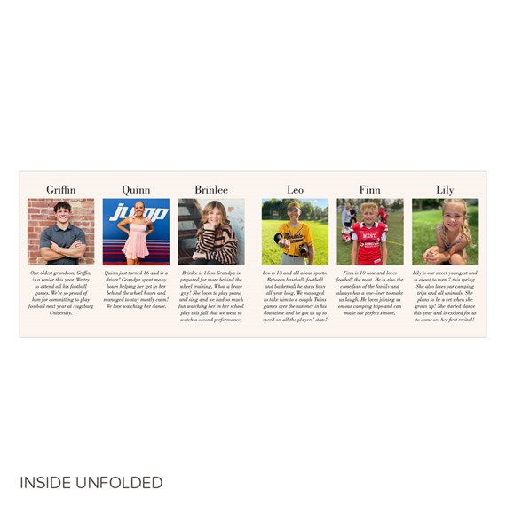 Unfolded inside of a photo holiday card with six portrait images, names, and captions on a cream background