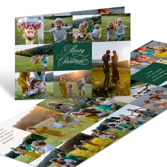 Folded Christmas photo collage card with family pictures and green center panel reading 