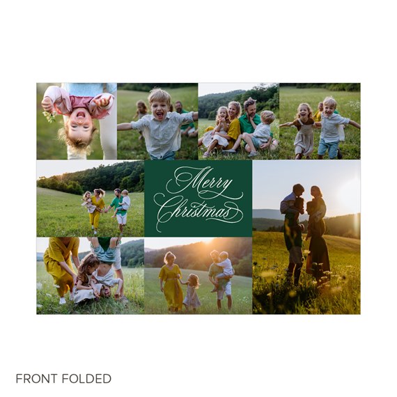 Folded holiday card with family photo collage and central green panel reading Merry Christmas in white script