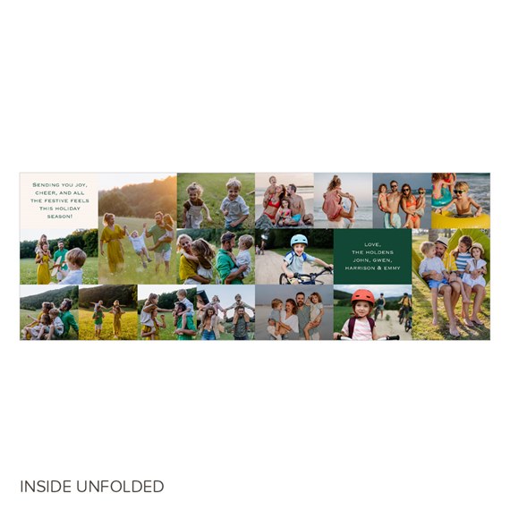 inside view of a panoramic collage Christmas card with family photos and a green message box