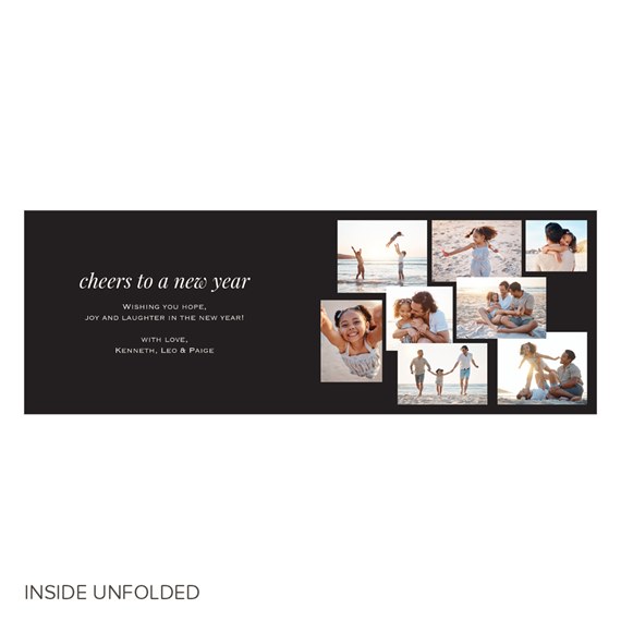Inside of a New Year photo collage greeting card with black background, white script headline 'cheers to a new year' and multiple family beach photos