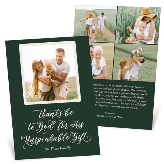 dark green folded Christmas photo card with white script greeting and family photo collage
