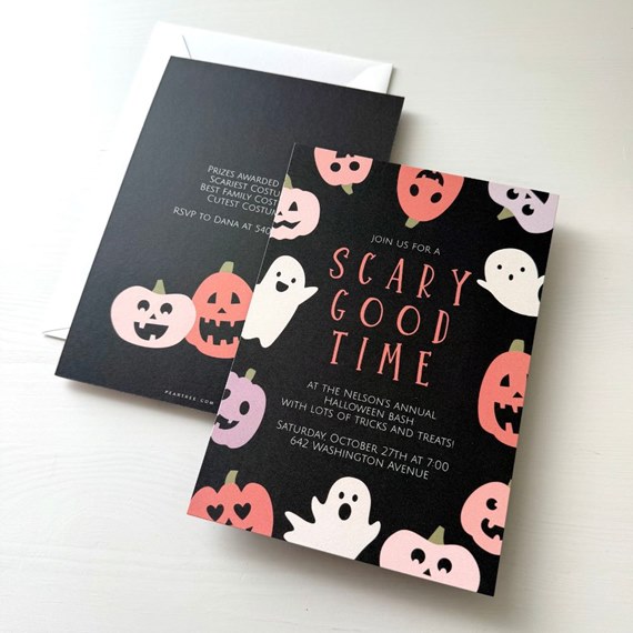 Halloween party invitation with pumpkins and ghosts