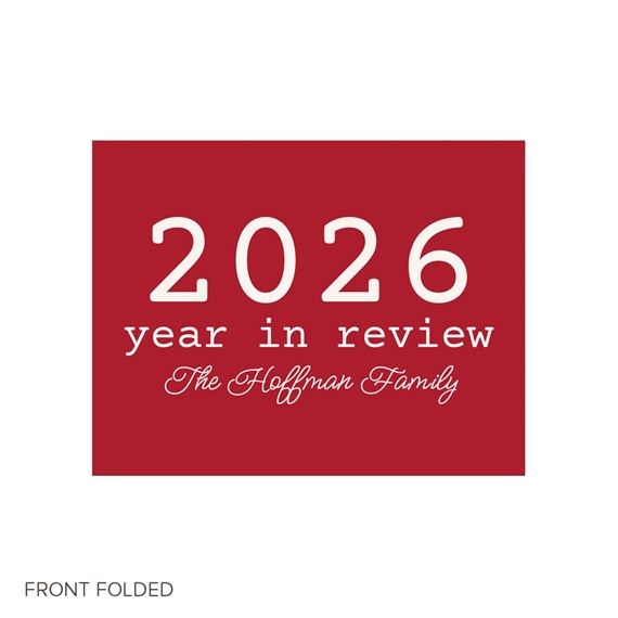 red card with year in review text and photo area
