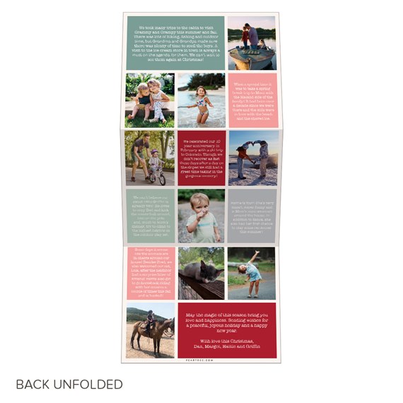 Back of an unfolded vertical Christmas photo collage card showing multiple family photos and colored text blocks.