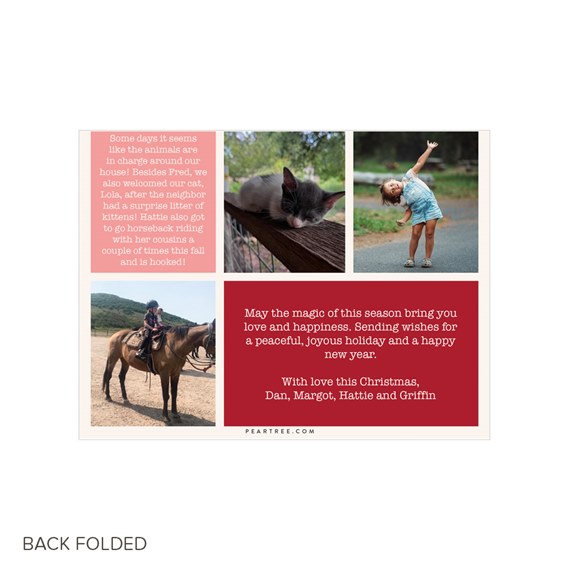 back of a folded Christmas photo collage card with cream border, pink story panel, red message panel and photos of a cat, child and horseback rider