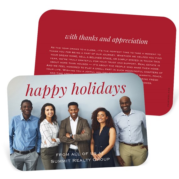 Holiday card with photo of five smiling professionals on a pale blue-gray background; red 'happy holidays' script on front and a red back with a 'with thanks and appreciation' message.
