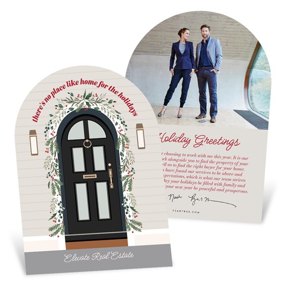 Holiday card with black door design and greenery, customizable text area