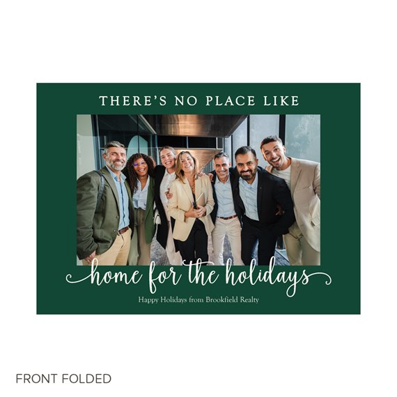 Folded business holiday card with dark green border, group photo of smiling professionals and white holiday script