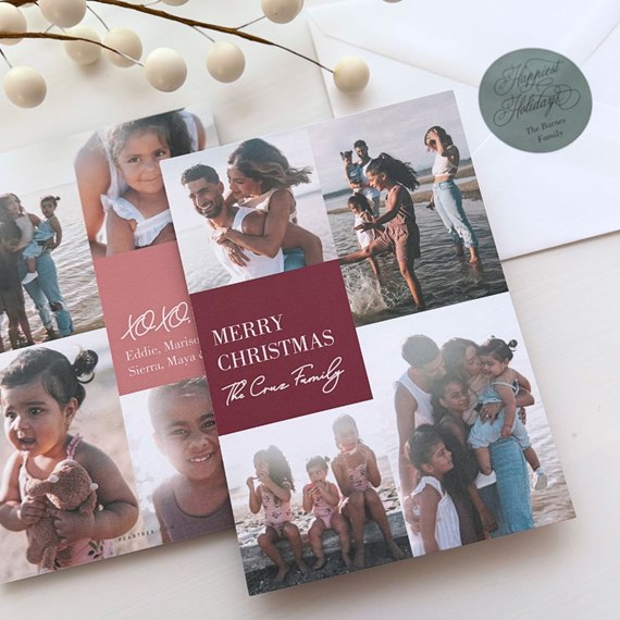 Christmas photo collage card with family beach photos and a burgundy greeting block