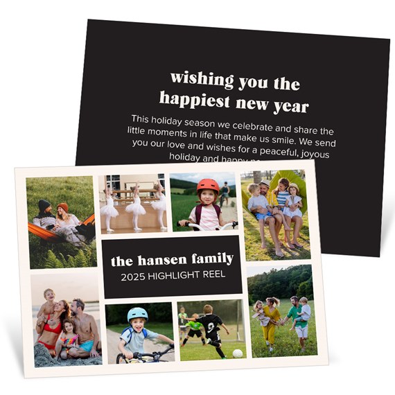 new year family photo collage card with grid of photos, central text block, cream border and black back panel with holiday greeting