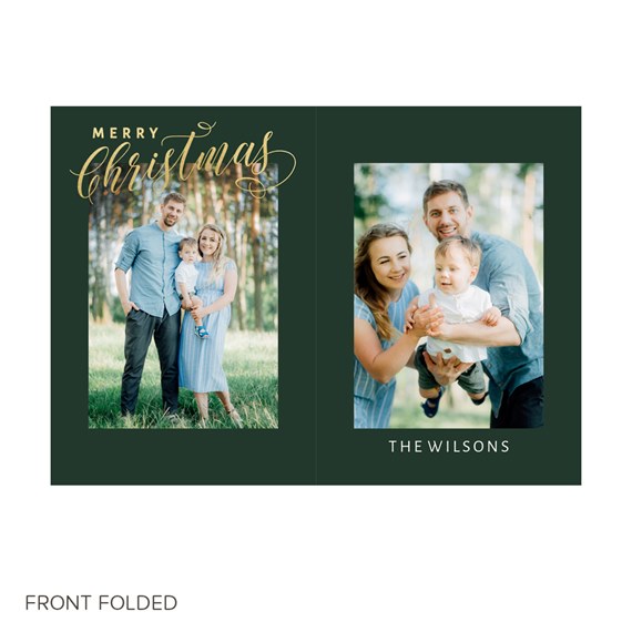 dark green card with gold text and photo placeholders